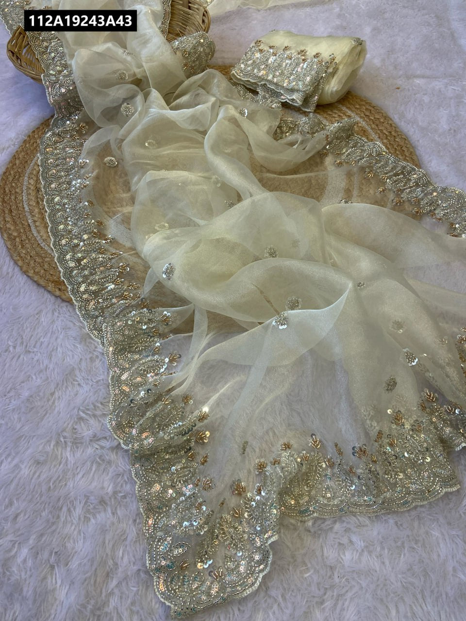 Half white  organza handwork saree