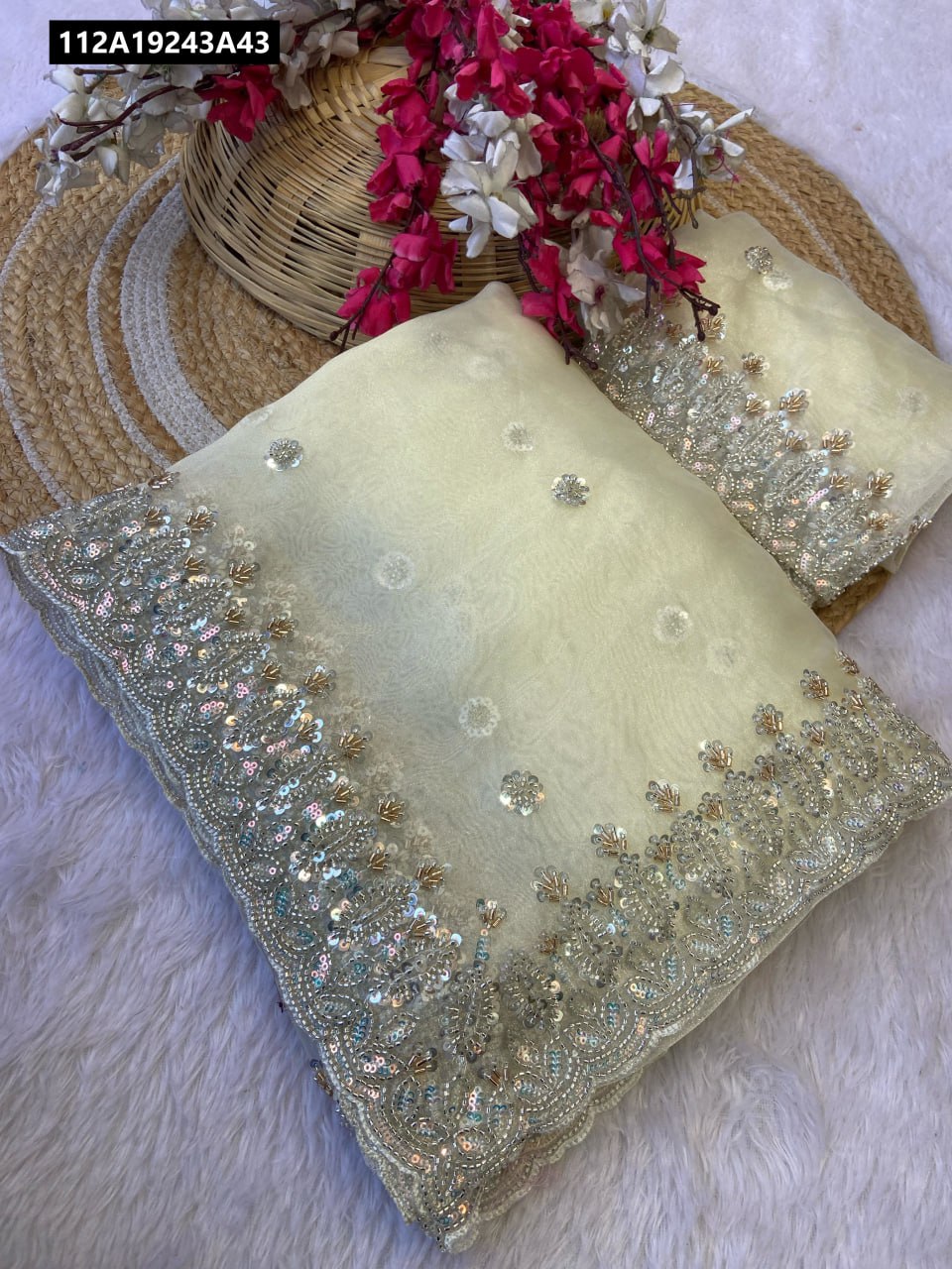 Half white  organza handwork saree