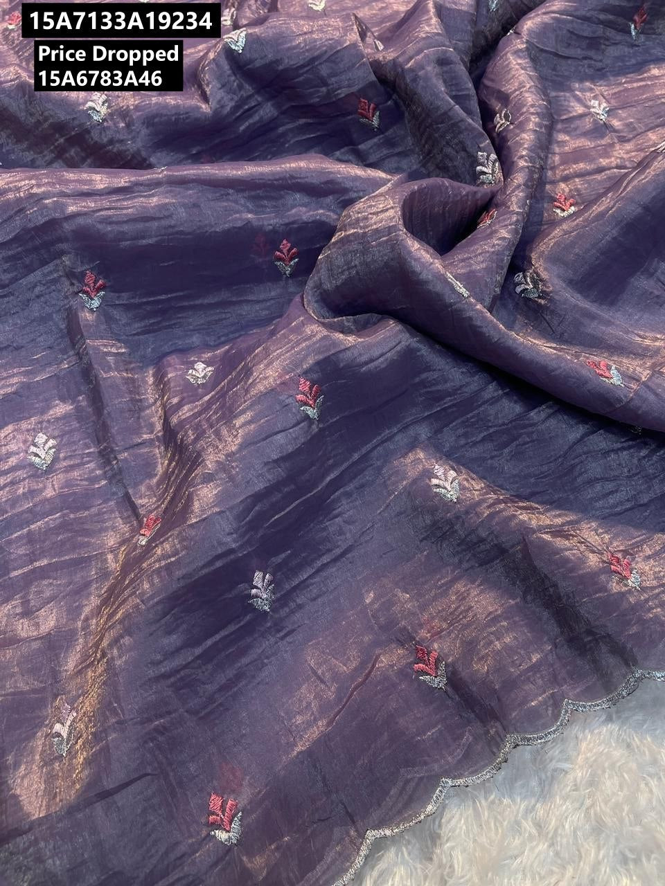 Crush tissue Saree With Multi Embroidery Work