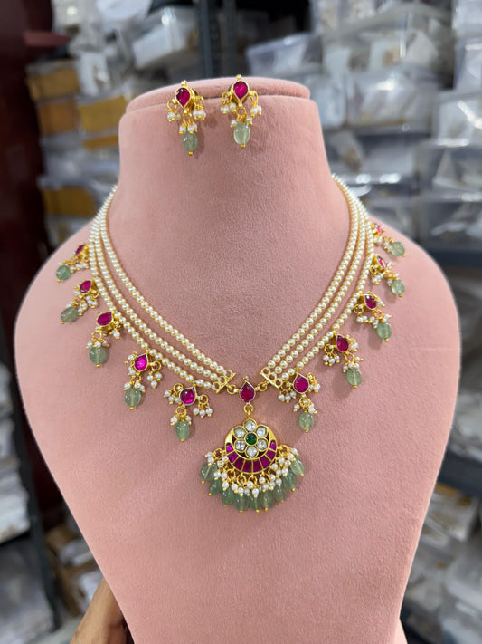 Triple layer Pearl Jadau Droplet Necklace