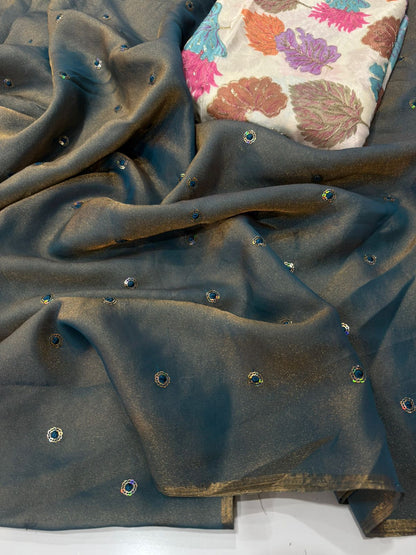 Moss Space Satin Multi Sequence Embroidery Saree