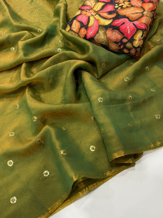 Moss Space Satin Multi Sequence Embroidery Saree