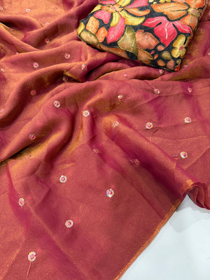 Moss Space Satin Multi Sequence Embroidery Saree