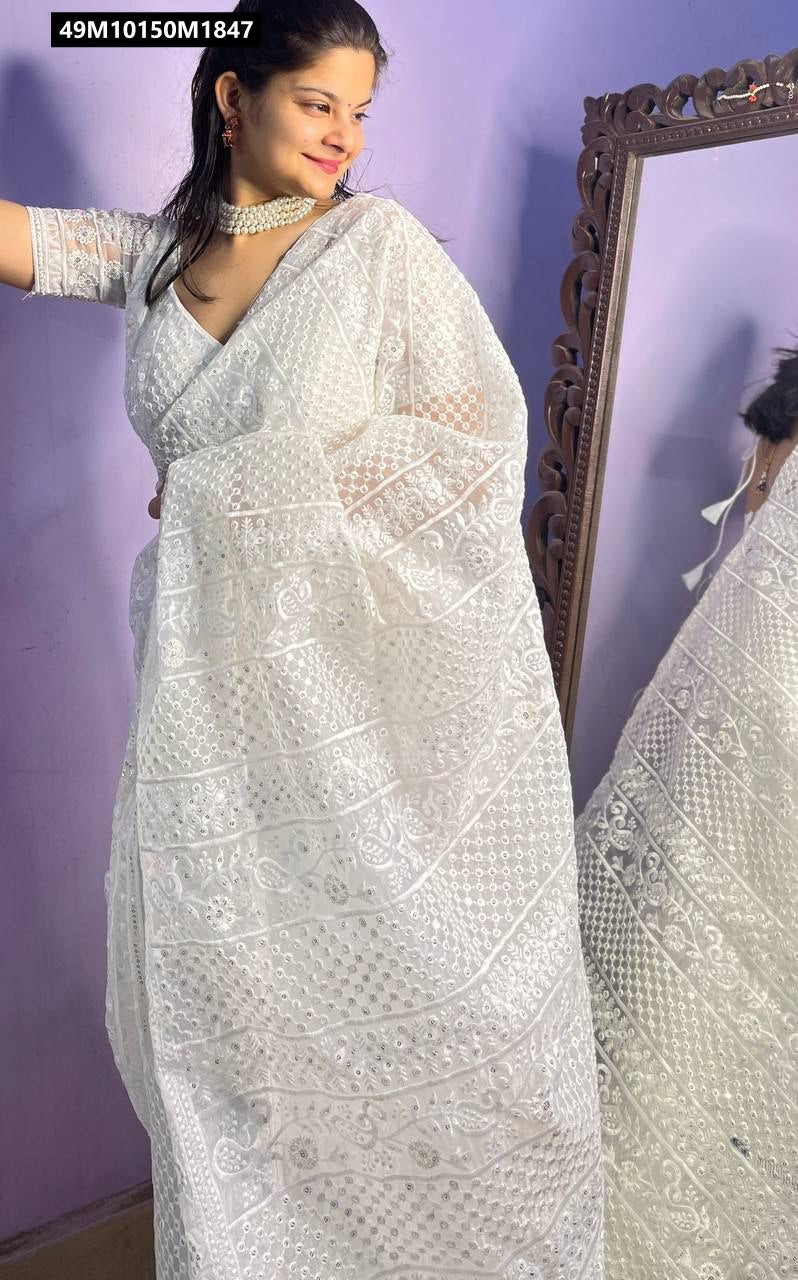 Pure White Organza Embroidered Saree