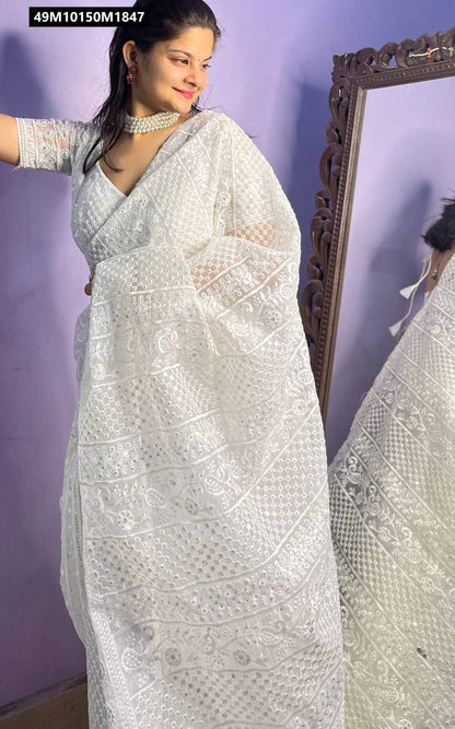 Pure White Organza Embroidered Saree