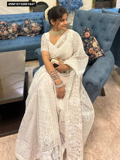 Pure White Organza Embroidered Saree