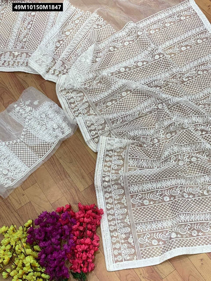 Pure White Organza Embroidered Saree