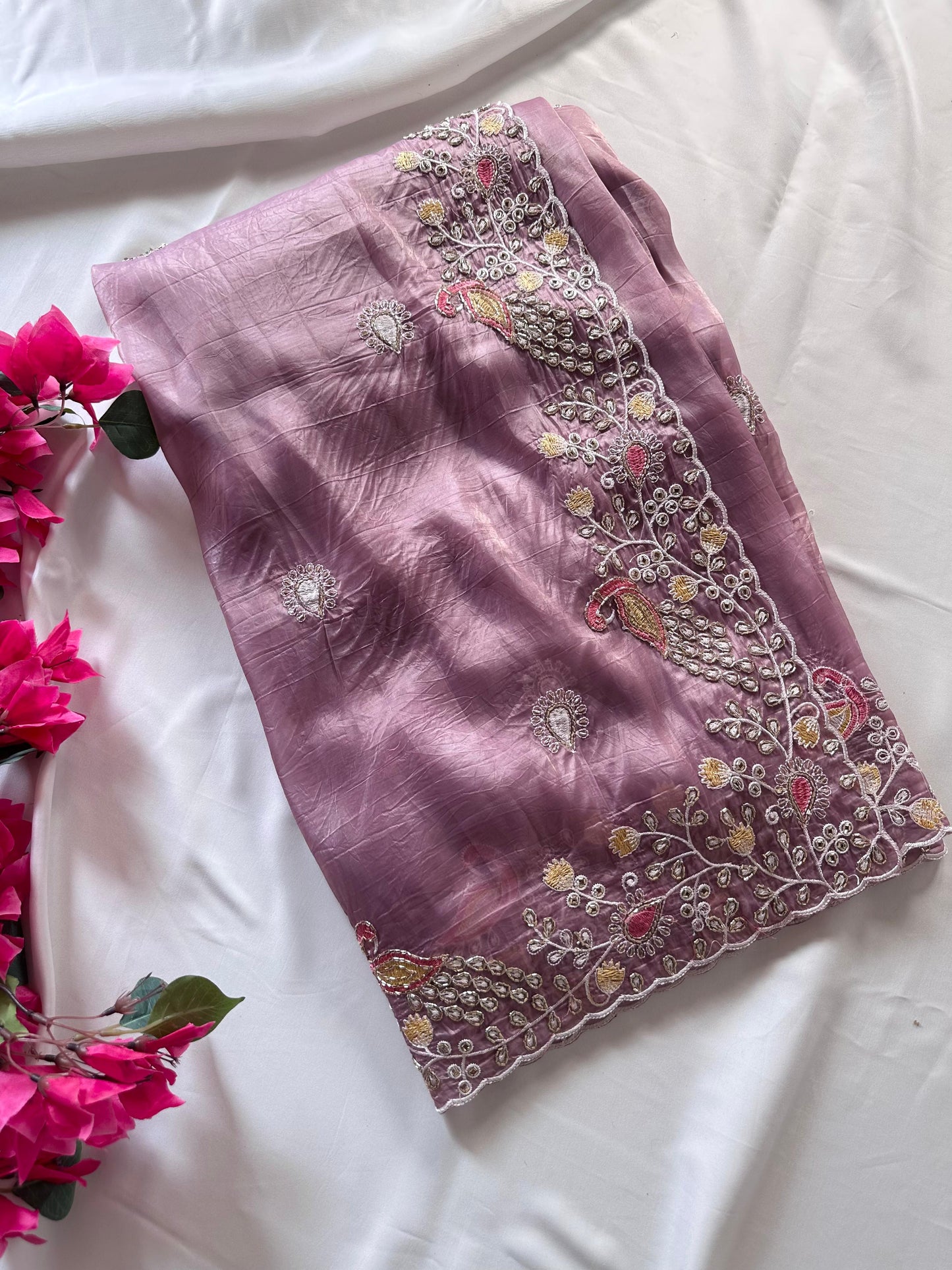 Peacock Motif Embroidered crushed Organza Saree