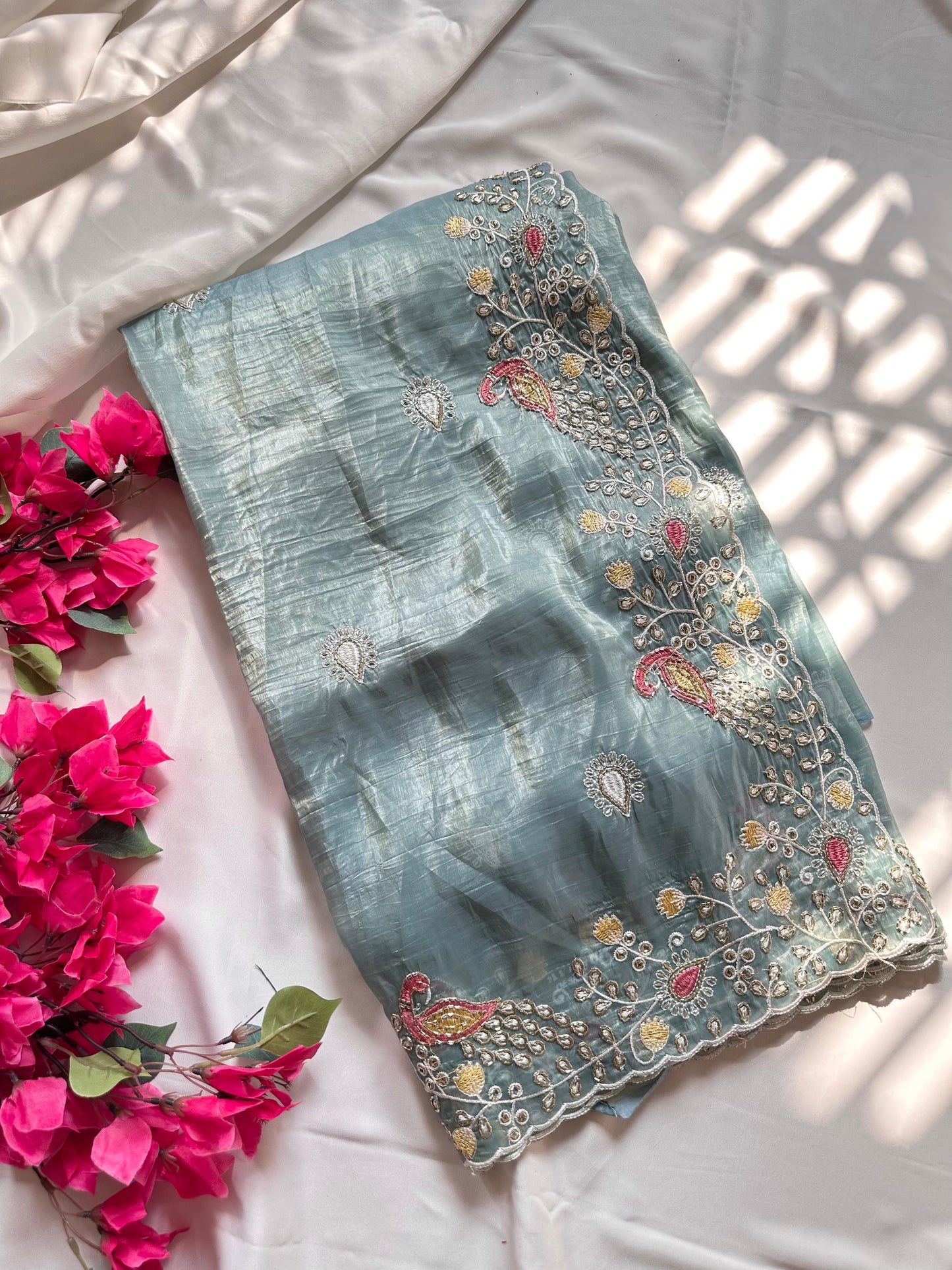 Peacock Motif Embroidered crushed Organza Saree