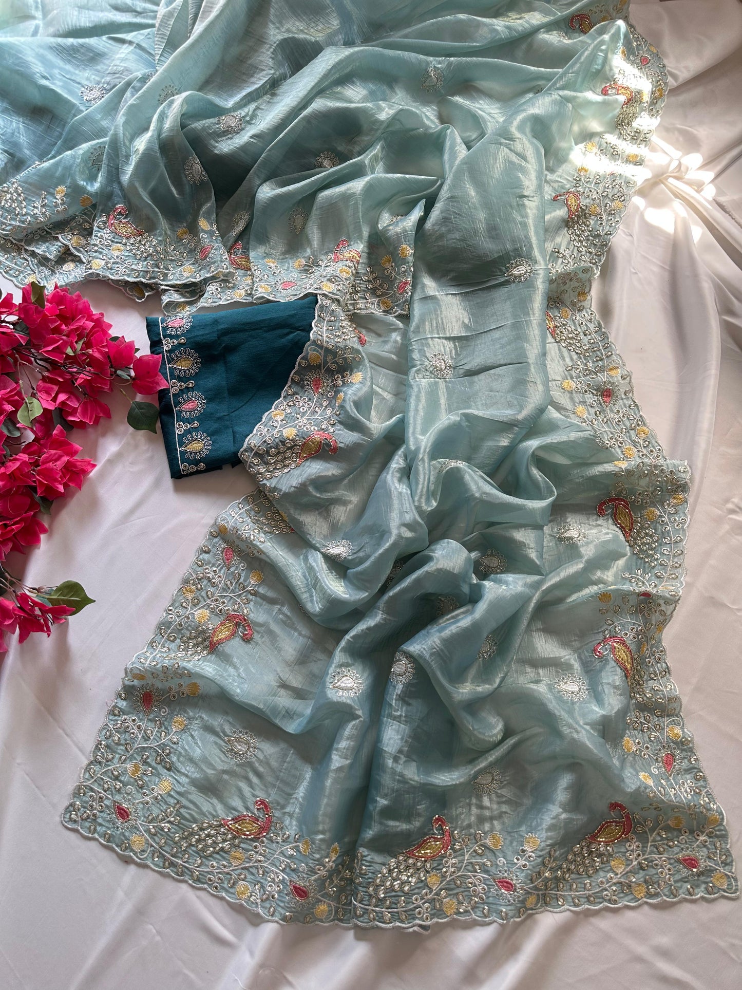 Peacock Motif Embroidered crushed Organza Saree