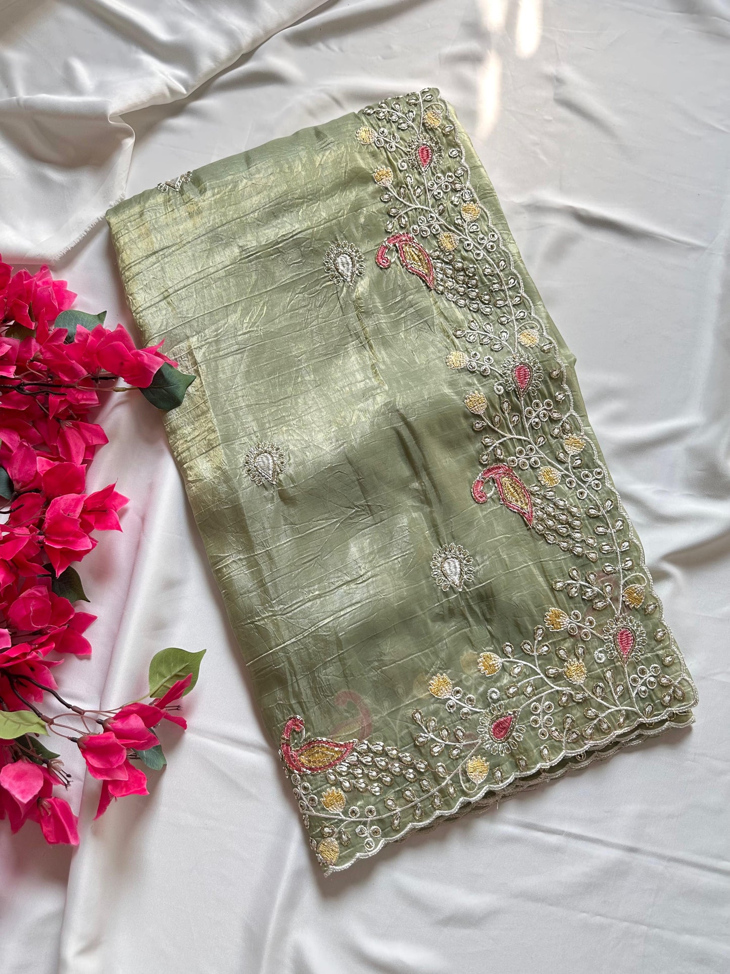 Peacock Motif Embroidered crushed Organza Saree