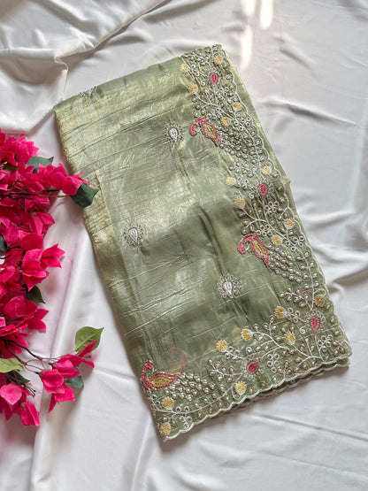 Peacock Motif Embroidered crushed Organza Saree