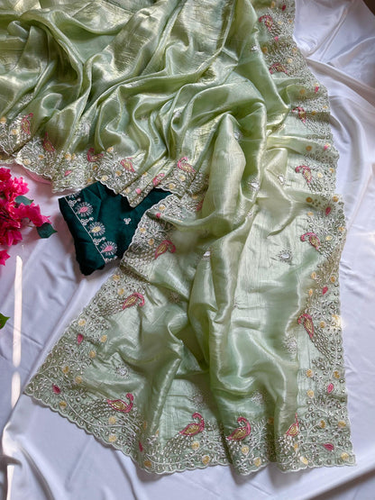 Peacock Motif Embroidered crushed Organza Saree