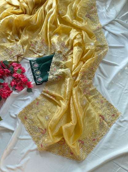 Peacock Motif Embroidered crushed Organza Saree