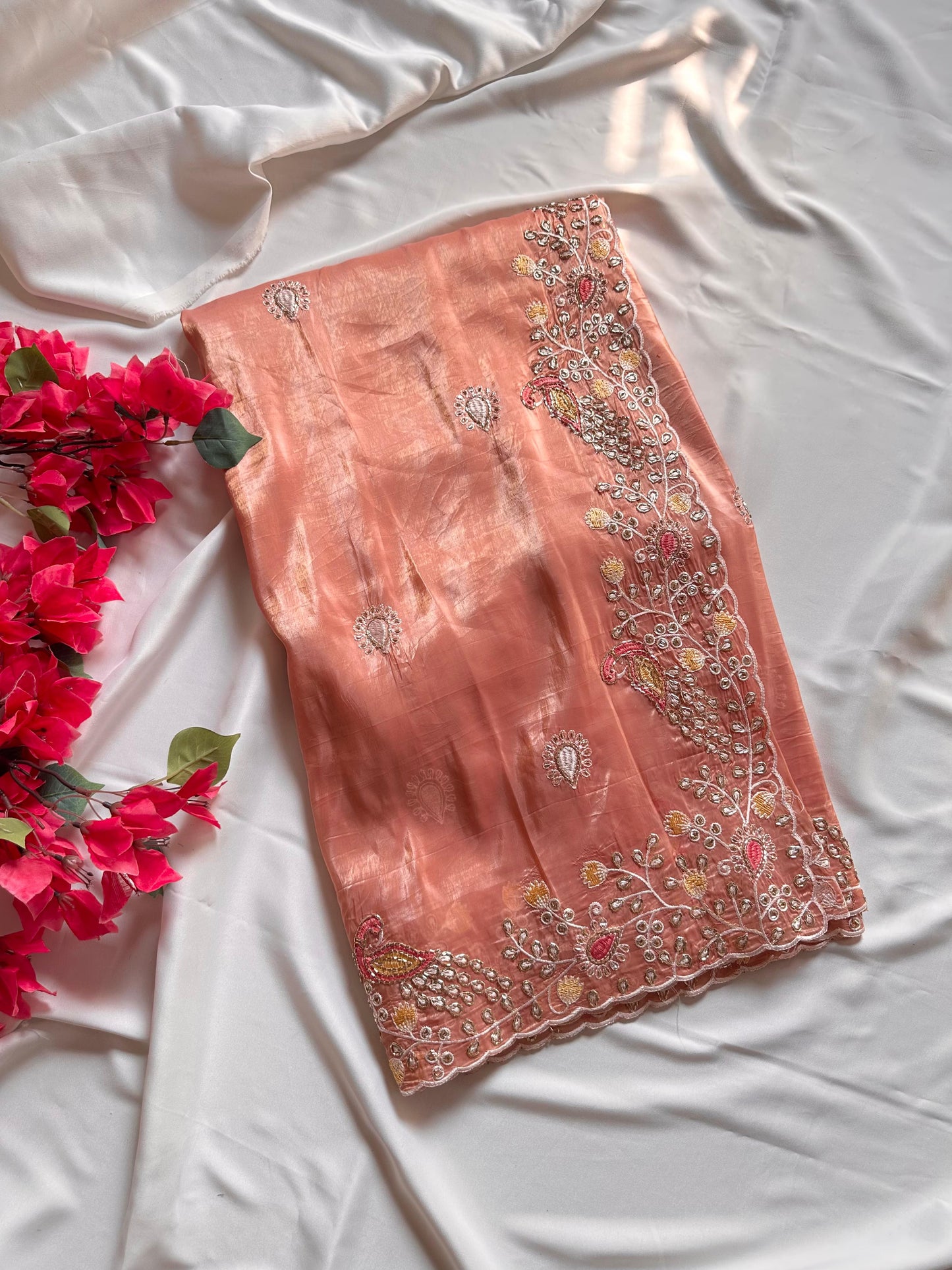 Peacock Motif Embroidered crushed Organza Saree