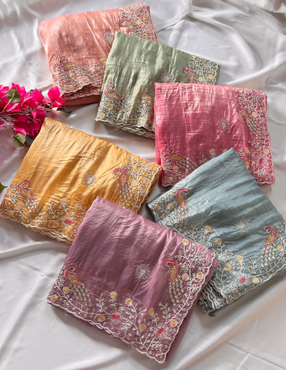 Peacock Motif Embroidered crushed Organza Saree