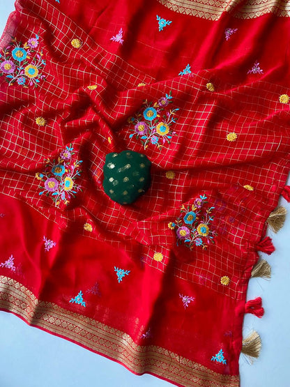 Pure Georgette  floral checks saree