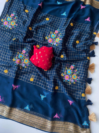 Pure Georgette  floral checks saree