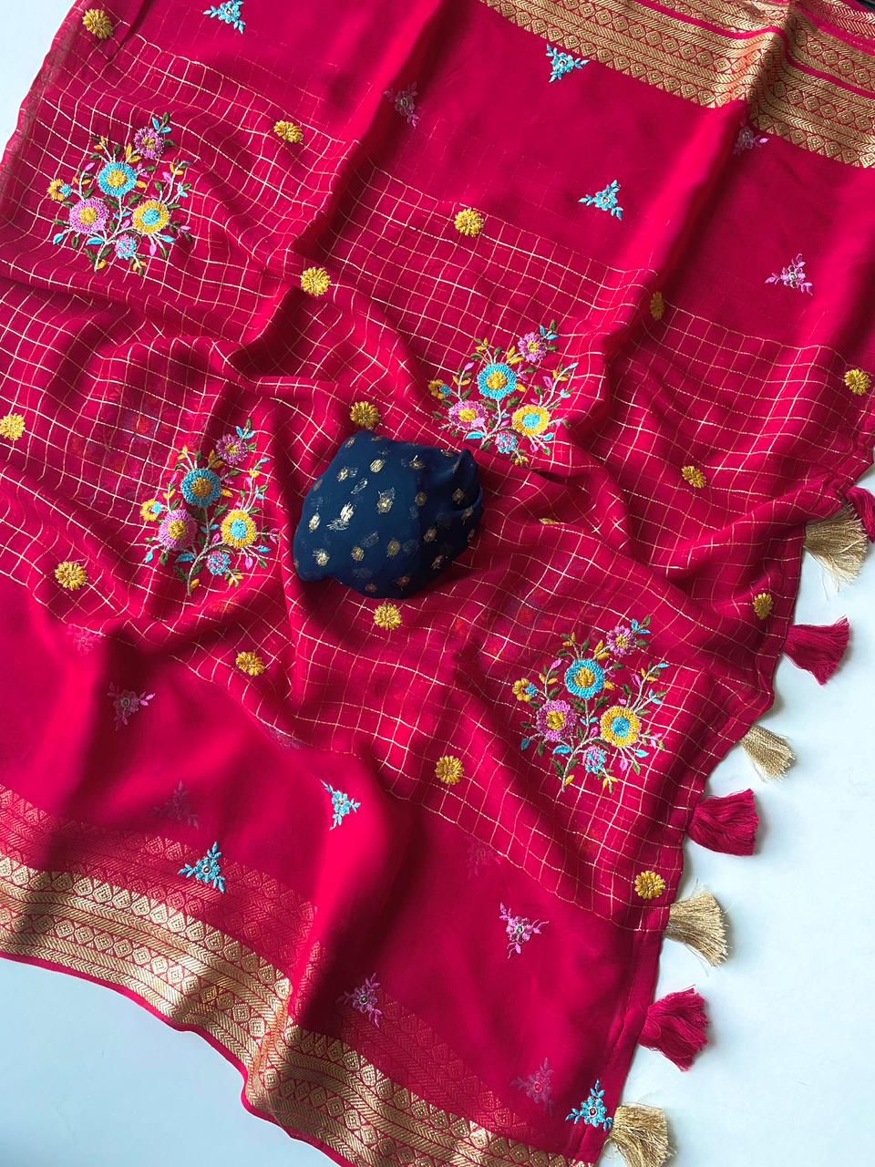 Pure Georgette  floral checks saree