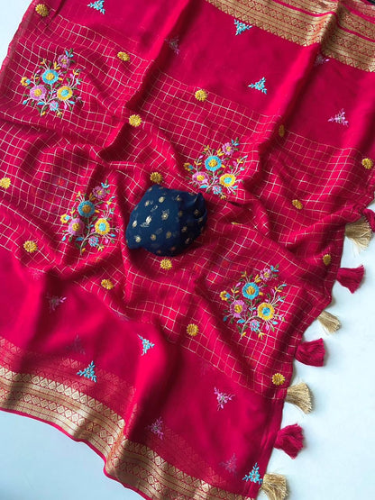 Pure Georgette  floral checks saree