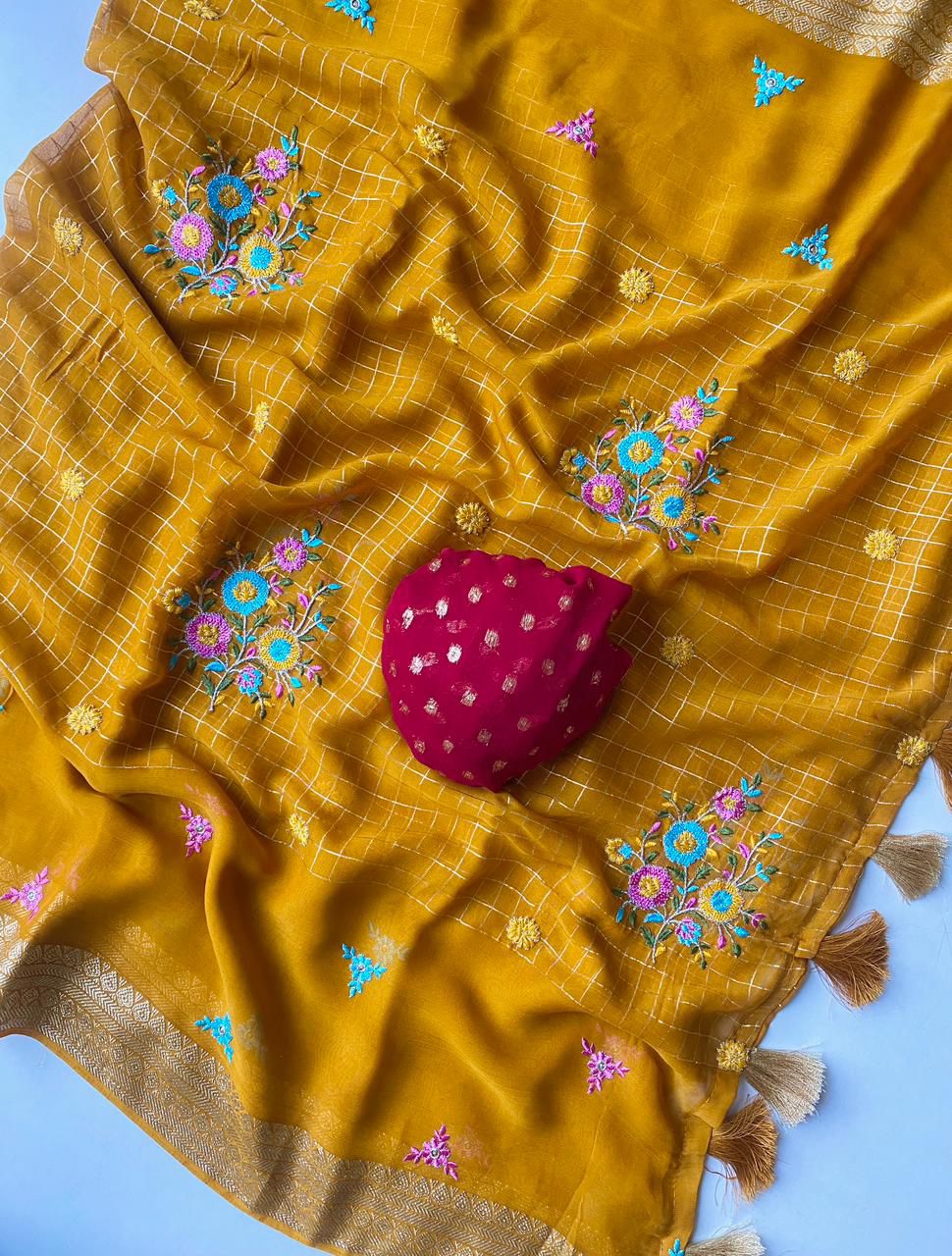 Pure Georgette  floral checks saree