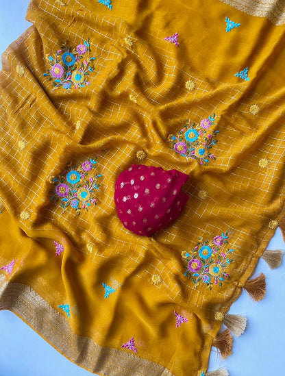 Pure Georgette  floral checks saree