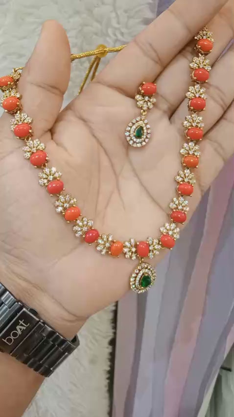 Coral Beads With AD Flowers Chain Set