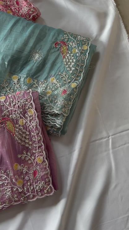 Peacock Motif Embroidered crushed Organza Saree